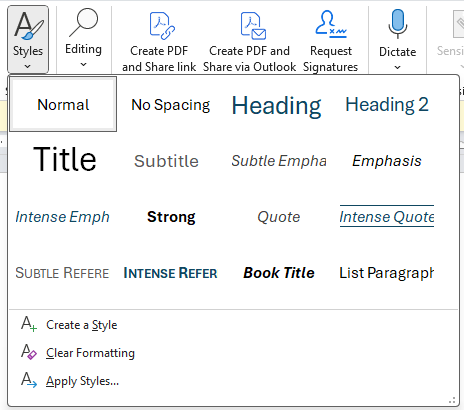 Styles gallery on ribbon in Word